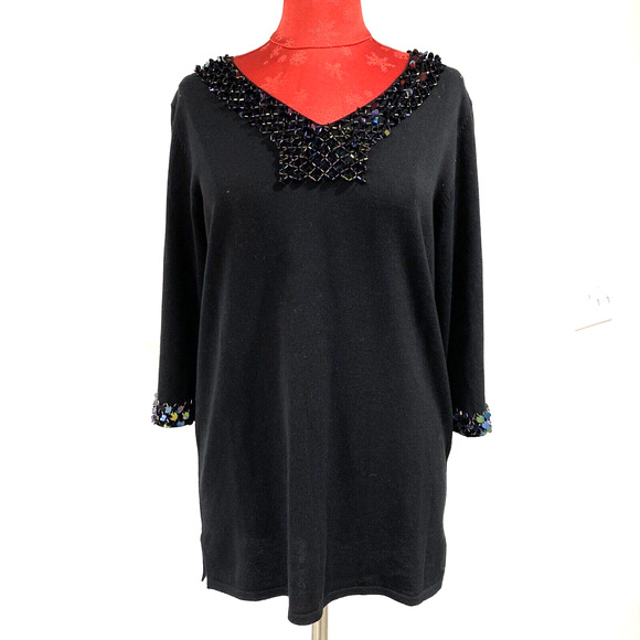 Quacker Factory black tunic sweater sequins embellishment neck and cuff size S - Picture 1 of 9